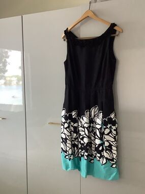 Danny & Nicole Black Floral Midi Dress with White and Turquoise Trim